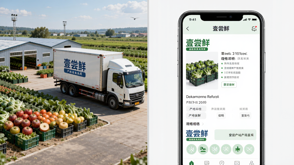 壹尝鲜产地直采场景展示,画面左侧是果蔬种植基地与冷链运输车辆,右侧是手机屏幕中壹尝鲜的商品详情页面,布局为左右分栏对比,排版左实景右界面,风格为写实商务风,细节包含产地标签、冷链标识与规格说明文字,画质清晰干净,无多余元素