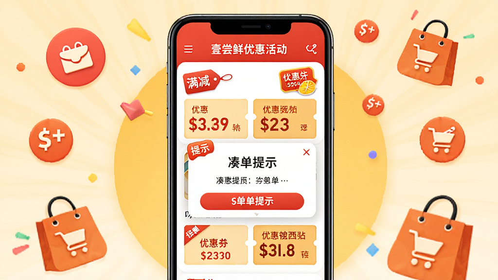 壹尝鲜优惠活动页面展示,画面中央是手机屏幕,屏幕内呈现满减标签、优惠券卡片与凑单提示弹窗,周围点缀折扣图标与购物袋元素,布局为手机居中、图标环绕,排版卡片式分布,风格为活泼促销风,细节包含红色优惠标签与金额数字,画质干净清晰,无多余元素