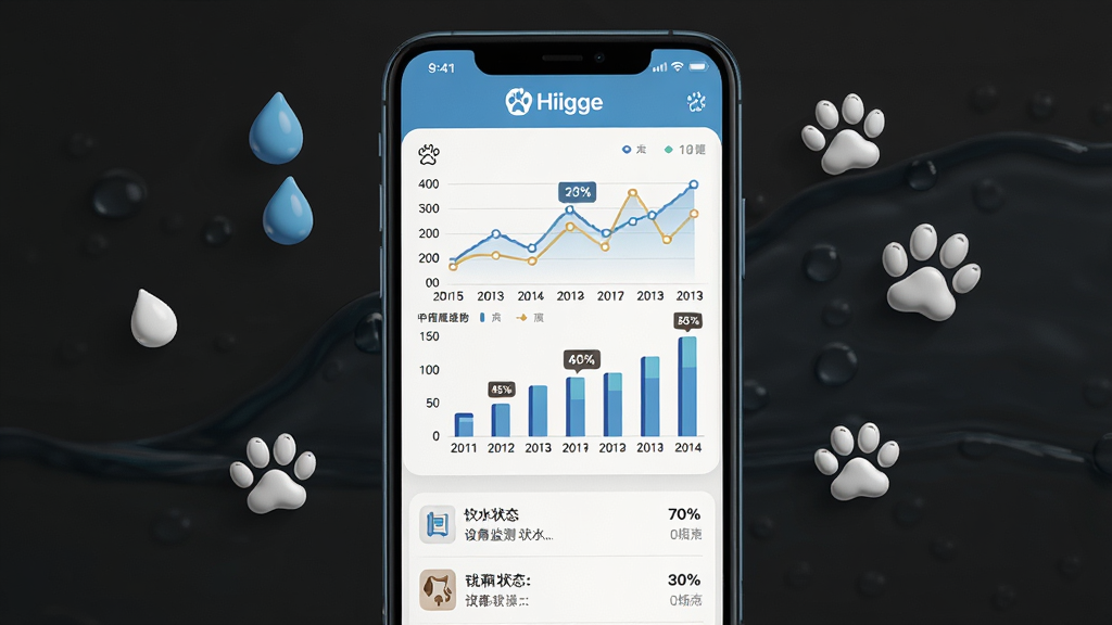 一张展示Hiigge应用饮水监测数据图表的画面,手机屏幕中央显示着折线图与柱状图,图表标题带有Hiigge标识,周围有水滴与宠物爪印的装饰元素,布局为上下结构,上方为图表下方为设备状态列表,风格为清爽的数据可视化界面,细节包含日期刻度与百分比数值,画质高清,背景干净