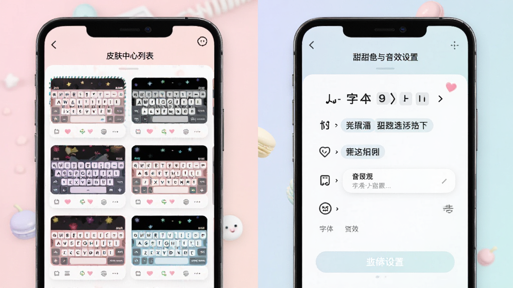 甜心键盘功能展示图,画面分为左右两部分,左侧展示皮肤中心列表页,多个不同风格的键盘主题缩略图整齐排列,右侧展示字体与音效设置界面,整体采用柔和的马卡龙配色,界面干净整洁,风格清新现代,高清画质,细节清晰