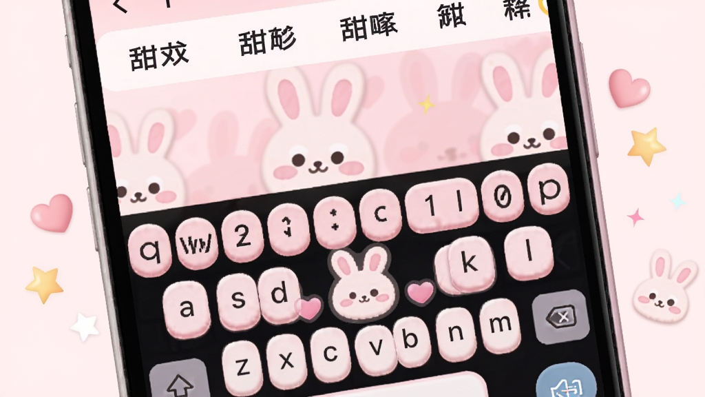 一张手机屏幕特写图,画面中央是甜心键盘的粉色系萌兔主题皮肤界面,按键圆润可爱,上方显示中文候选词栏,背景为柔和的浅粉渐变,手机两侧点缀小爱心与星星装饰,整体风格清新甜美,画面干净明亮,高清画质,无多余杂乱元素