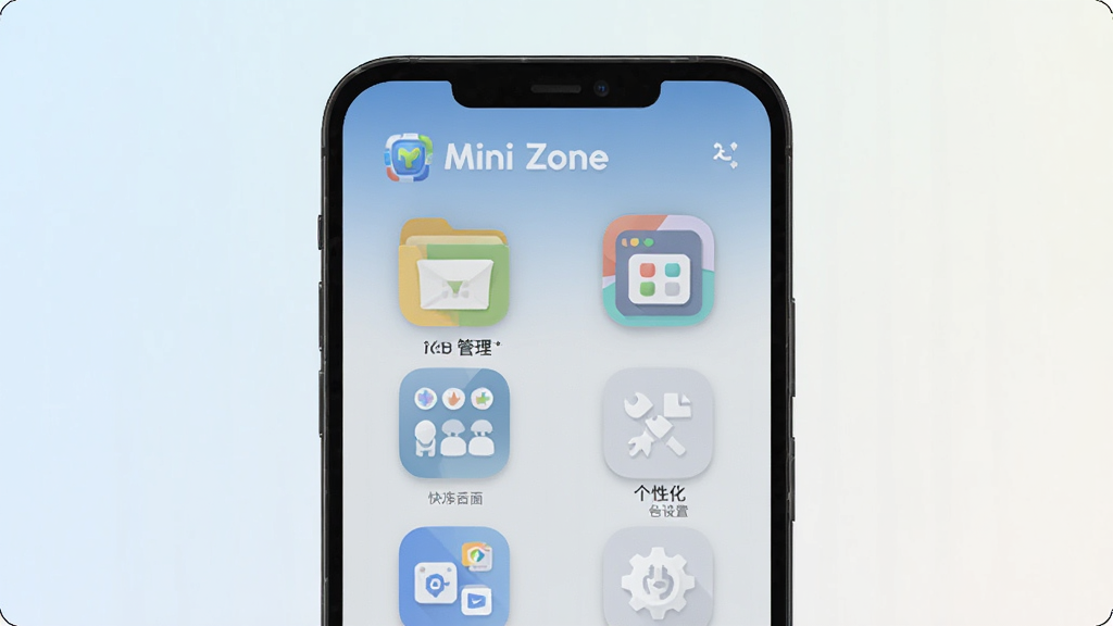 一款名为“Mini Zone”的安卓手机应用主界面展示,画面中央是手机屏幕特写,屏幕上排列着文件管理、快捷面板、个性化设置等功能图标,整体布局简洁清爽,背景为浅色渐变,风格为现代扁平化UI设计,细节包括圆角图标和柔和阴影,画质清晰干净,无多余元素