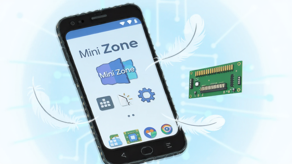 一部安卓手机屏幕显示“Mini Zone”应用正在运行,屏幕旁边漂浮着轻盈的羽毛和内存条图形,象征软件体积小、占用低,背景为淡蓝色科技感光晕,风格为简洁插画风,细节包括手机边框和图标清晰,画质干净明亮,无多余元素