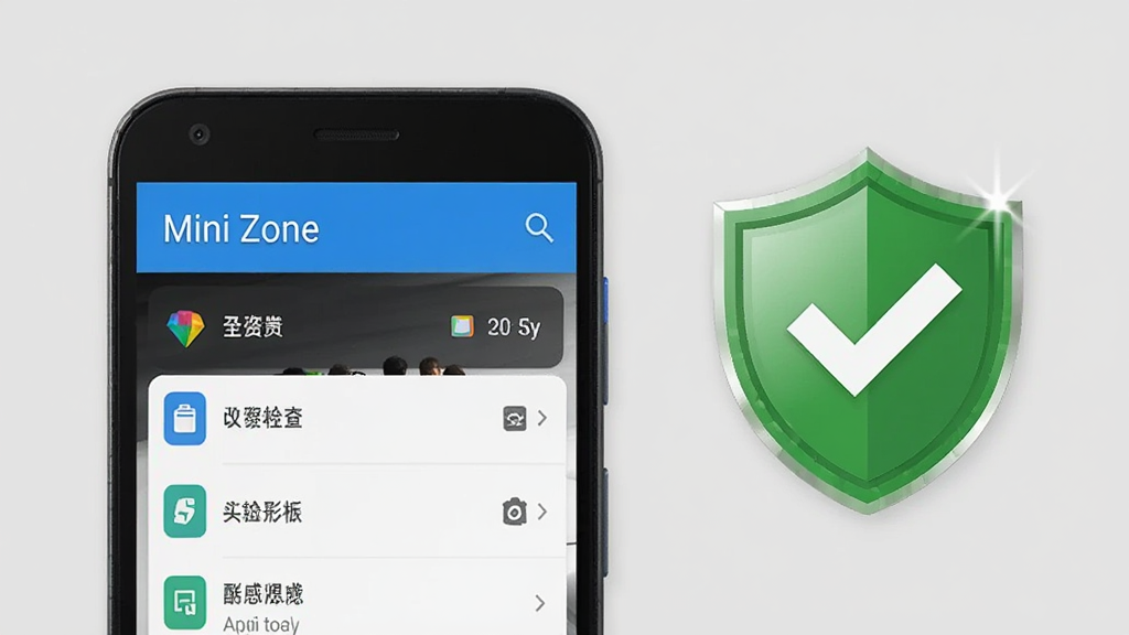 安卓手机屏幕上“Mini Zone”应用运行稳定,画面中手机旁有一个绿色对勾盾牌图标,象征安全稳定,背景为浅灰色简约风格,细节包括手机屏幕上的功能列表和盾牌高光,画质清晰干净,无多余元素
