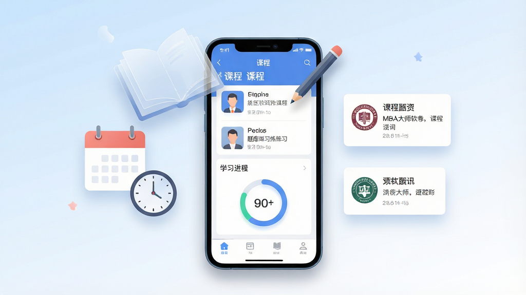 一张展示MBA大师软件核心全貌的生成图,主体是一部竖屏智能手机居中摆放,屏幕内呈现备考学习App界面,包含课程列表、题库练习、学习进度环形图与底部导航栏,布局为手机上方悬浮半透明书本与铅笔元素,左侧点缀日历与时钟图标,右侧漂浮院校资讯卡片,排版采用居中对称构图,风格为清爽现代的扁平化UI插画,细节上手机边框有柔和阴影,背景为浅蓝到白色的渐变,画质高清、画面干净、无多余元素