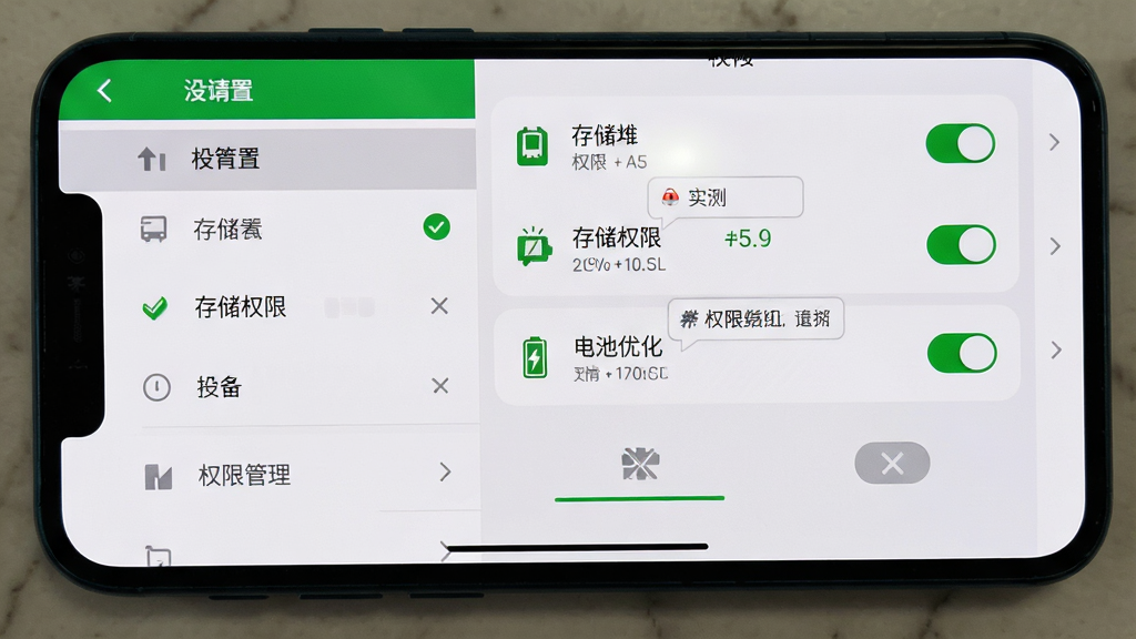 主体为手机屏幕显示游戏设置与权限管理界面,布局为左侧设置菜单、右侧权限开关列表,排版突出“存储权限”与“电池优化”选项,风格为简洁系统UI风格,细节包含绿色对勾图标、灰色禁用按钮、提示气泡,画质高清、干净、无多余元素