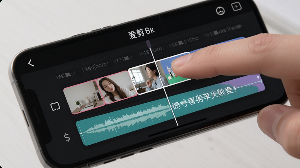 手机屏幕中展示爱剪辑的多轨道时间线界面,三条轨道分别放置视频缩略图、音频波形和文字条,手指正在拖动其中一段素材,界面配色柔和,布局整齐,风格写实,画质清晰干净