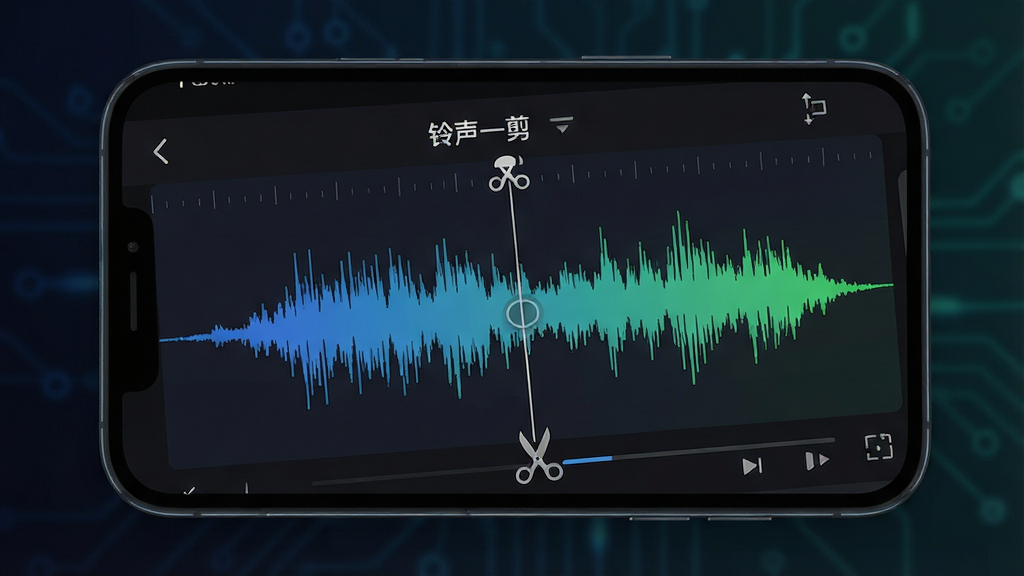 一张展示音频波形编辑界面的科技风格图片,画面主体为手机屏幕上的音频波形图,波形呈现蓝绿色渐变,时间轴刻度清晰,界面上有
