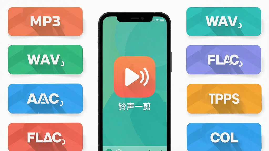 一张展示多种音频格式图标排列的扁平化风格图片,画面中央为手机屏幕显示