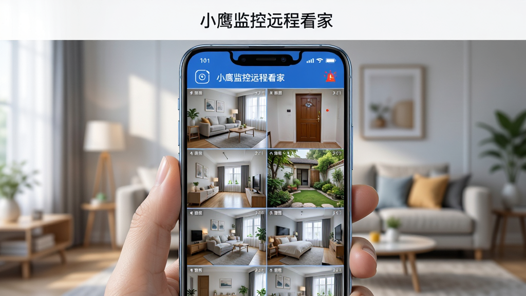 画面主体是一部智能手机竖屏握持在手中,手机屏幕内显示多路监控画面网格布局,画面中包含客厅、门口、庭院等场景缩略图,屏幕上方有