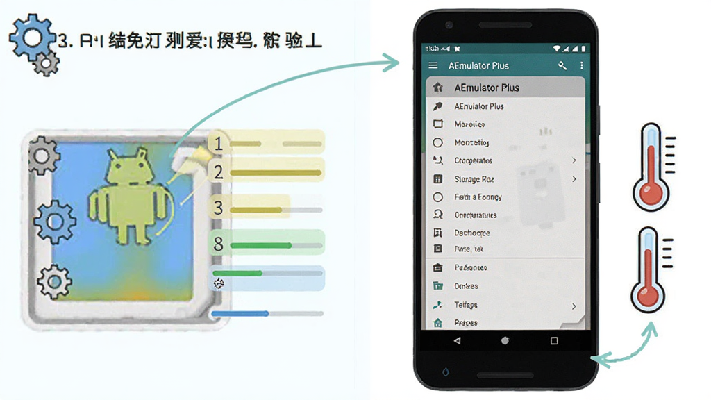 主体为安卓手机展示AEmulator Plus运行界面与设置菜单,旁边放置存储空间示意图与温度提示图标,布局为左右分栏,排版突出操作步骤序号,风格为清新教程插画,细节包含齿轮图标与进度条,画质高清,干净,无多余元素