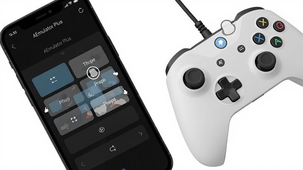 主体为手机屏幕显示AEmulator Plus按键自定义编辑界面,屏幕旁放置一个蓝牙游戏手柄,布局为对角线构图,排版突出按键拖拽调整的动态感,风格为清爽扁平化设计,细节包含半透明按键图层与手柄连接标识,画质高清,干净,无多余元素