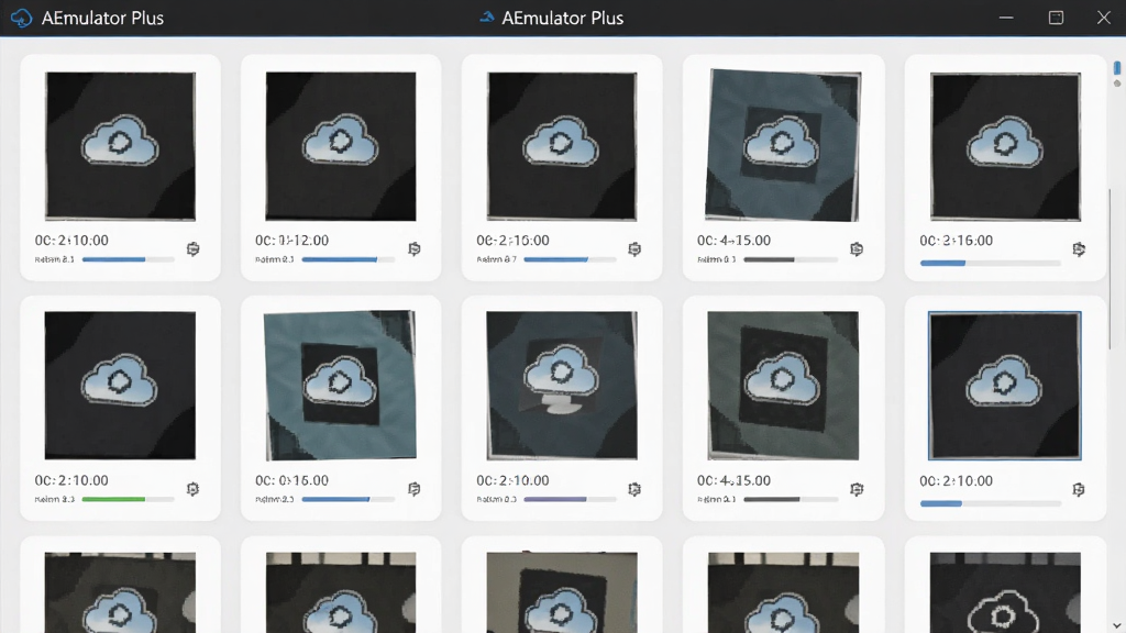 主体为AEmulator Plus存档管理界面,显示多个存档缩略图卡片与时间戳,布局为网格排列,排版整齐有序,风格为简约卡片式UI,细节包含云朵同步图标与进度条元素,画质高清,干净,无多余元素