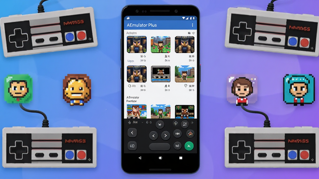 主体为一部安卓手机,屏幕中央显示AEmulator Plus软件主界面,界面包含游戏列表与虚拟按键布局,手机周围环绕复古游戏手柄与像素风格图标,布局采用居中对称构图,排版简洁清晰,风格为科技感扁平插画,细节包含渐变蓝紫背景与柔和光效,画质高清,干净,无多余元素