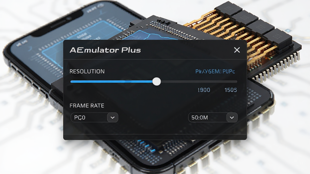 画面展示AEmulator Plus性能设置面板,包含分辨率滑块与帧率选项,背景为手机芯片与散热结构示意,布局采用上下分层,排版以面板为中心,风格为硬核科技风,细节包含蓝色数据曲线与参数标签,画质高清,干净,无多余元素
