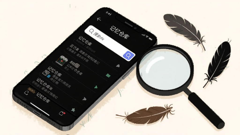 画面中一部手机侧放着,屏幕显示“记忆仓库”搜索界面,搜索框下方列出多条匹配结果,手机旁边放置一个放大镜和几片羽毛,象征轻量快速,布局为左右结构,风格为简约插画风,细节包含柔和的米白色背景和手机屏幕上的文字“记忆仓库”,画质清晰干净,无多余元素