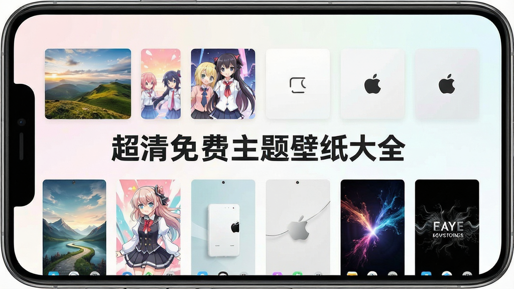 一张展示手机屏幕的图片,屏幕中央显示着“超清免费主题壁纸大全”的应用界面,界面上整齐排列着多种风格的壁纸缩略图,包括风景、动漫、极简和动态特效分类,背景是柔和的浅色渐变,风格干净现代,画质清晰,无多余元素