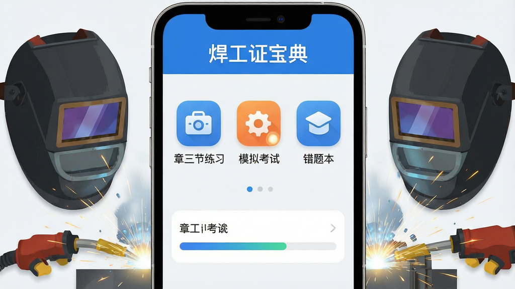 手机屏幕中央展示“焊工证宝典”应用主界面,界面顶部为蓝色标题栏,中间排列章节练习、模拟考试、错题本等功能图标,背景为浅灰白色,手机两侧放置焊工面罩与焊接火花元素点缀,整体布局左右对称、上下留白均衡,风格为扁平化科技教育风,细节包含图标圆角处理、按钮高亮状态、进度条显示,画质清晰干净、无多余元素