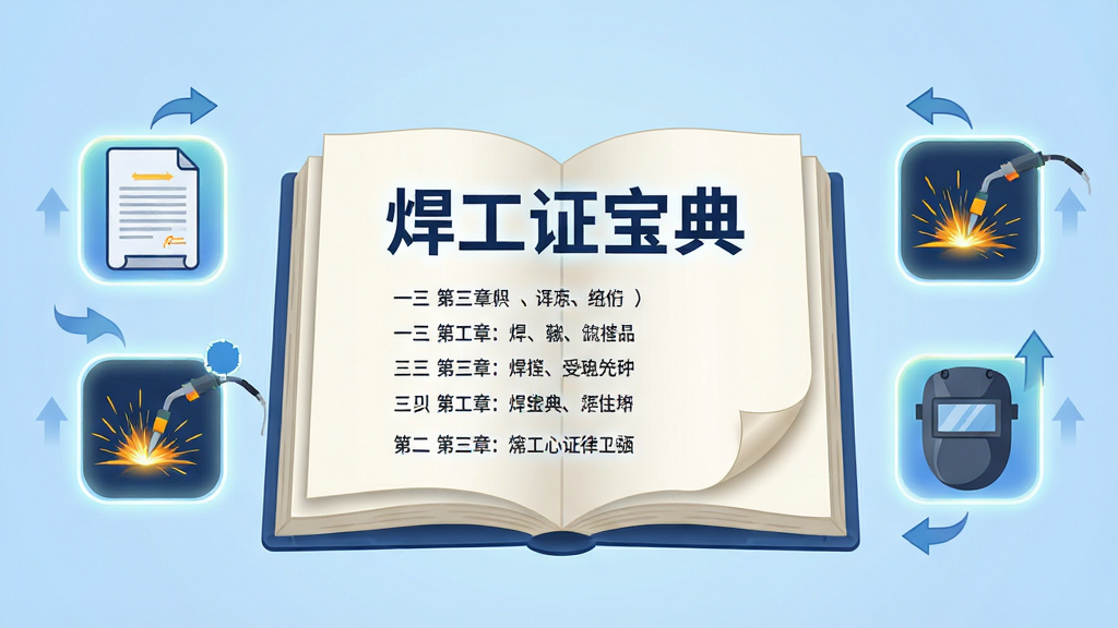 画面中央为一本翻开的电子书,书页上浮现“焊工证宝典”字样与章节列表,书页两侧延伸出法律条文图标、焊接火花图标、防护面罩图标,背景为淡蓝色渐变,布局采用中心对称构图,风格为简洁知识科普插画风,细节包含书页翻动折角、图标发光边缘、数据更新箭头标识,画质干净清晰、无杂乱装饰