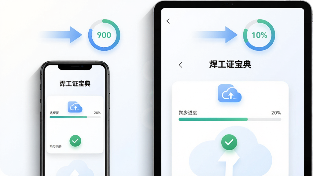 画面展示两台设备并排摆放,左侧为手机、右侧为平板电脑,屏幕均显示“焊工证宝典”学习进度页面与云端同步图标,设备上方漂浮数据同步箭头与进度环,背景为浅色渐变,布局左右均衡、上下留白,风格为现代科技简约风,细节包含屏幕内进度条、同步对勾标识、设备阴影层次,画质清晰干净、无多余元素
