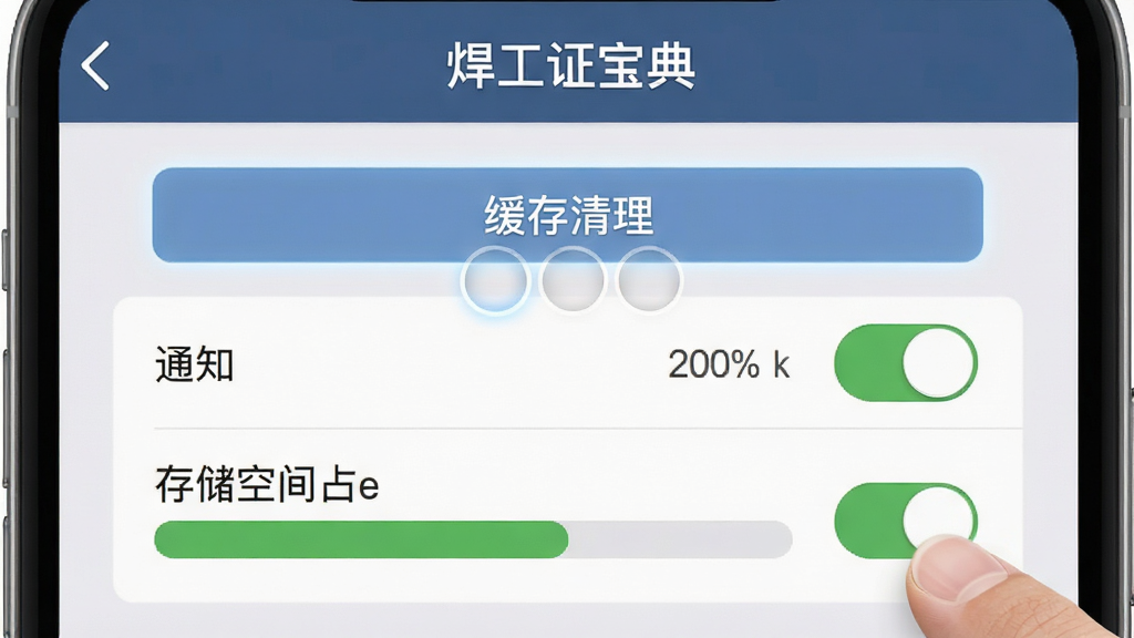 手机界面显示“焊工证宝典”设置页面,页面中包含缓存清理按钮、通知开关、存储空间占用条,手指正点击清理缓存按钮,背景为浅灰白色,布局为上下结构、上方标题栏下方功能列表,风格为扁平化操作指引风,细节包含按钮点击高亮效果、存储条百分比数字、开关滑块状态,画质清晰干净、无多余元素
