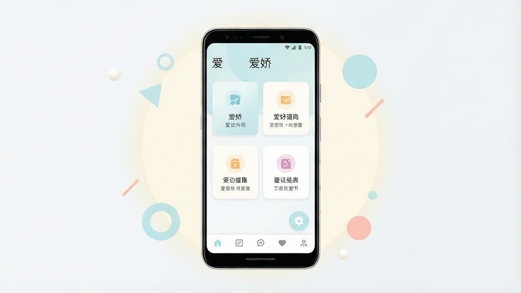 一张简洁的手机应用界面展示图,画面中央是一部竖屏安卓手机,手机屏幕上显示“爱娇”应用的主界面,界面采用浅色清新风格,包含卡片式功能入口和底部导航栏,手机周围有柔和的光晕与简约几何图形点缀,整体布局居中对称,风格清爽现代,细节清晰,画质干净,无多余元素