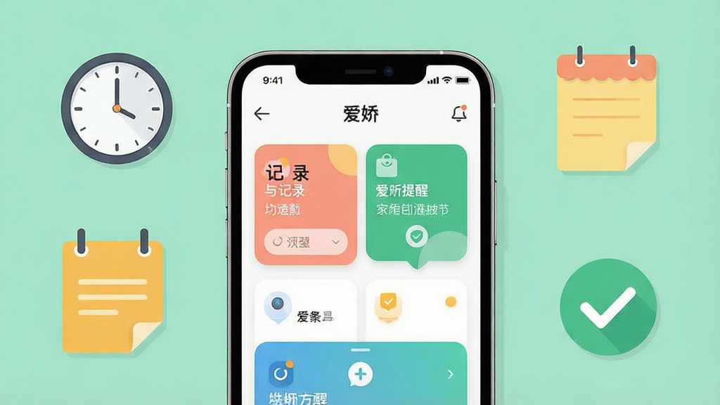 一张功能场景示意图,画面中央是“爱娇”应用界面特写,屏幕内显示记录与提醒类功能卡片,周围环绕时钟、便签、对勾等简约图标元素,布局环绕式构图,风格现代扁平,细节干净,画质清晰,无多余元素