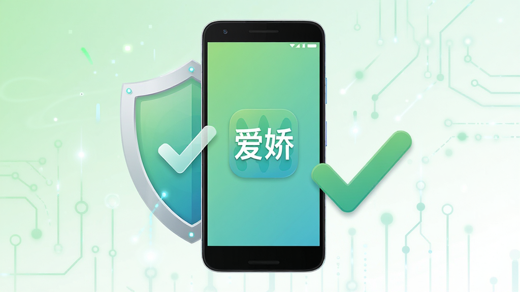 一张表现系统稳定兼容的示意图,画面主体是一部安卓手机与盾牌、对勾元素组合,“爱娇”应用图标位于手机屏幕中央,背景为浅绿与白色渐变,布局居中稳定,风格简洁科技感,细节清晰,画质干净,无多余元素
