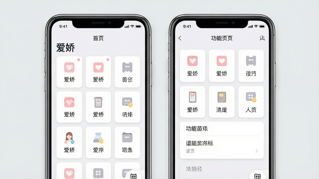 一张手机界面布局展示图,画面中并排展示两部手机,分别显示“爱娇”应用的主页与功能页,界面为浅色卡片式设计,图标排列整齐,背景为纯净浅灰,风格简约商务,排版规整,细节清晰,画质干净,无多余元素