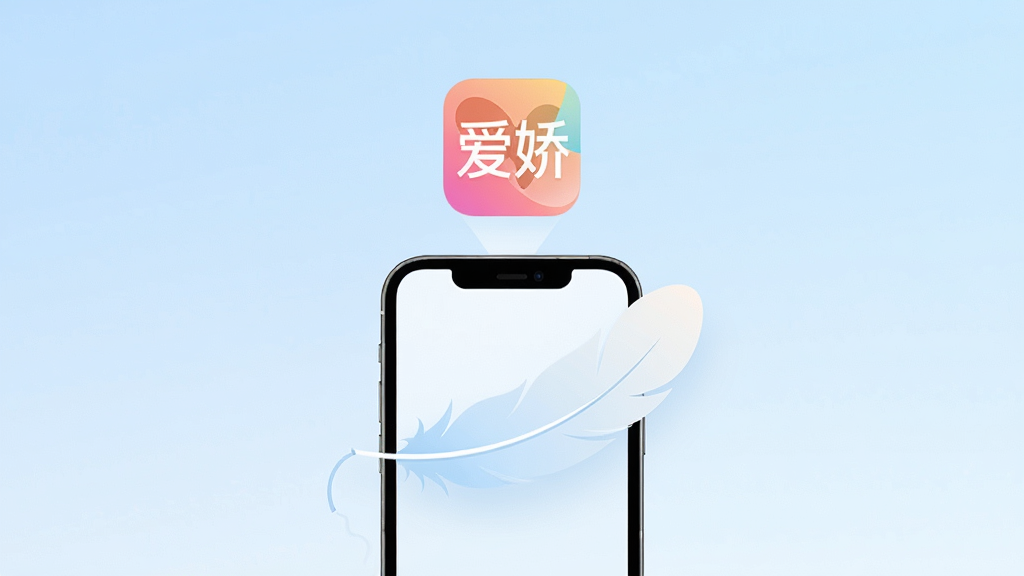 一张表现应用轻量快速的创意图,画面主体是一部手机与一个轻盈的羽毛或气球元素结合,“爱娇”应用图标悬浮在手机上方,背景为浅蓝渐变,布局简洁居中,风格清新扁平化,细节干净,画质清晰,无多余元素