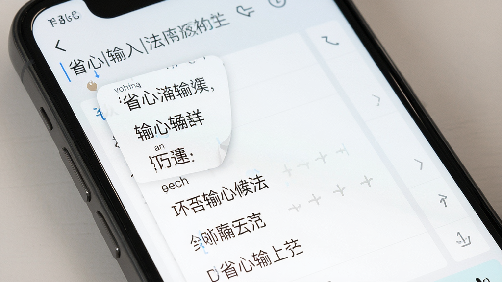 一张省心输入法候选词联想功能演示图,手机屏幕显示拼音输入后弹出的候选词列表,词条排列整齐,界面为浅色主题,布局清晰,风格简洁,画质高清,无杂乱元素