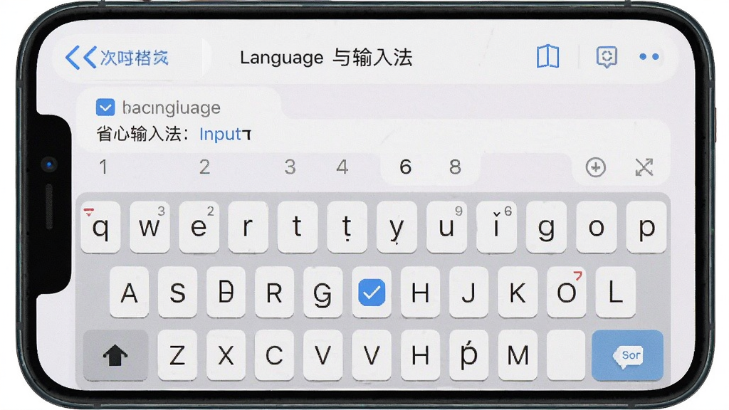 一张手机设置界面截图风格示意图,展示语言与输入法设置页面中省心输入法被勾选为默认键盘的画面,界面布局清晰,风格简洁真实,细节分明,画质高清干净