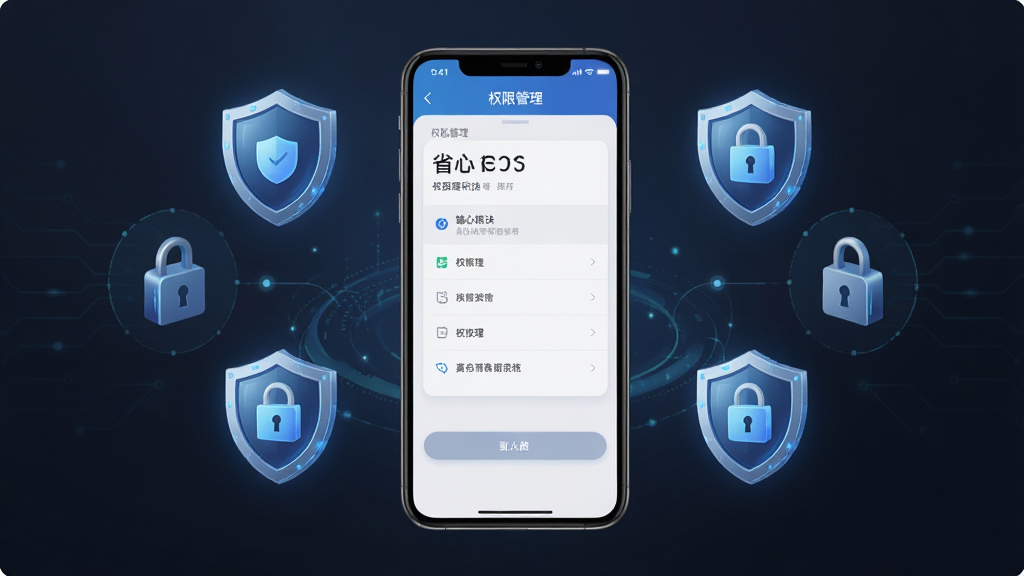 一张省心输入法隐私保护功能示意图,手机屏幕显示权限管理页面,周围环绕盾牌图标与锁形符号,画面布局居中对称,风格科技感简洁,细节清晰,画质高清,无多余装饰