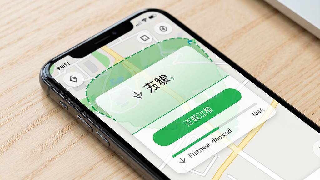一张展示手机地图应用离线缓存功能的界面图,主体为手机屏幕显示地图区域选择框与下载进度条,布局上手机倾斜放置于浅色桌面,风格为简洁产品功能展示,细节上屏幕内可见绿色选中区域、缓存按钮与进度提示,画质高清、干净、无多余元素