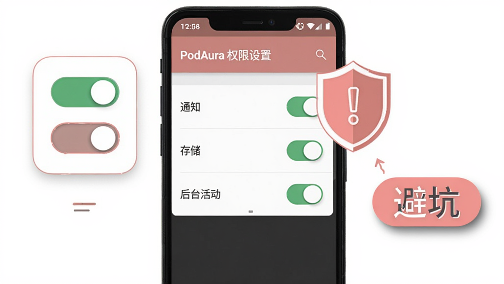 ��������Ϊһ����׿�ֻ�չʾPodAuraȨ������ҳ�棬��Ļ���г�֪ͨ���洢����̨�����Ȩ�޿��أ��Ա���һ������̾�ŵĶ���ͼ�ꣻ����Ϊ�ֻ����У��������Ȩ�޿���ʾ��ͼ�꣬�Ҳ��С��ܿӡ�������Բ�Ǳ�ǩ�����Ϊ��Ϣͼ��磬��ɫ�԰�ɫ��ǳ�������Ϊ����ϸ���Ͽ��س���ɫ����״̬������ͼ����ϸ����ߣ���ǩ����΢ͶӰ�������������ɾ����޶���Ԫ��