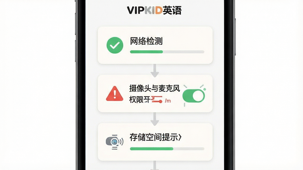 一张展示VIPKID英语移动端上课前设备检查流程的示意图,画面主体为手机屏幕中呈现网络检测、摄像头与麦克风权限开关、存储空间提示三个步骤卡片,布局为纵向排列的步骤条,风格为简洁扁平的信息图,细节包含对勾图标、警告标识与进度指示,画质清晰干净,屏幕中文字为“VIPKID英语”,背景为纯色留白