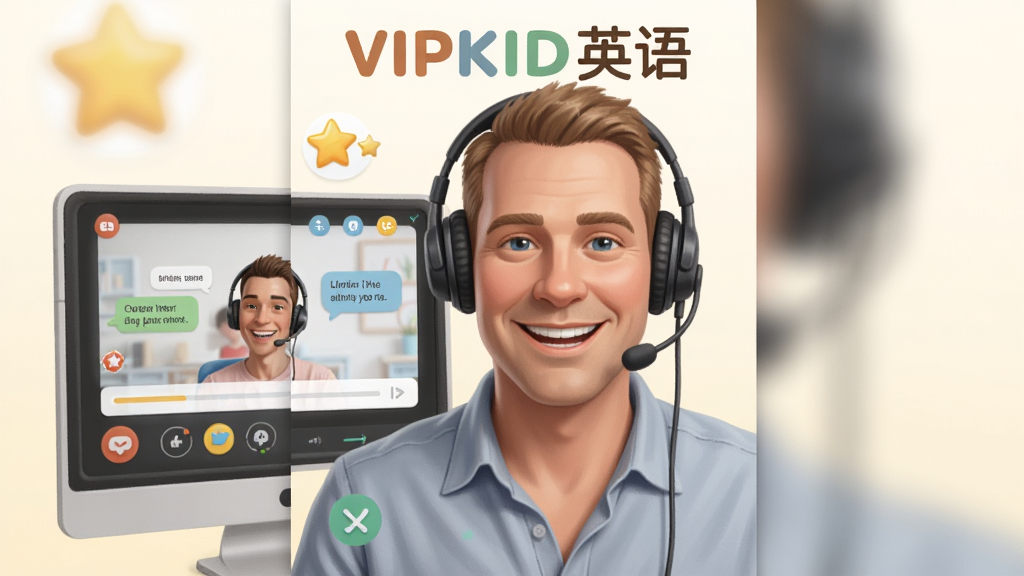一张表现VIPKID英语外教一对一课堂的竖版宣传图,画面主体为一位北美外教佩戴耳机面对镜头微笑授课,屏幕一侧显示学生端界面与课程进度,布局为人物居中、界面元素环绕,风格为写实感插画,细节包含在线课堂按钮、星星奖励图标与英文对话气泡,画质细腻干净,图中文字为“VIPKID英语”,无杂乱背景元素