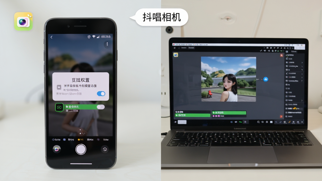 画面主体是一部手机与一台笔记本电脑并排摆放,手机屏幕显示抖唱相机的权限设置提示,电脑屏幕显示模拟器运行界面;布局为左右对比式,上方用“抖唱相机”小标签标注;风格为简洁说明风,细节包含权限开关图标与存储空间提示条;画质清晰,干净,无多余元素