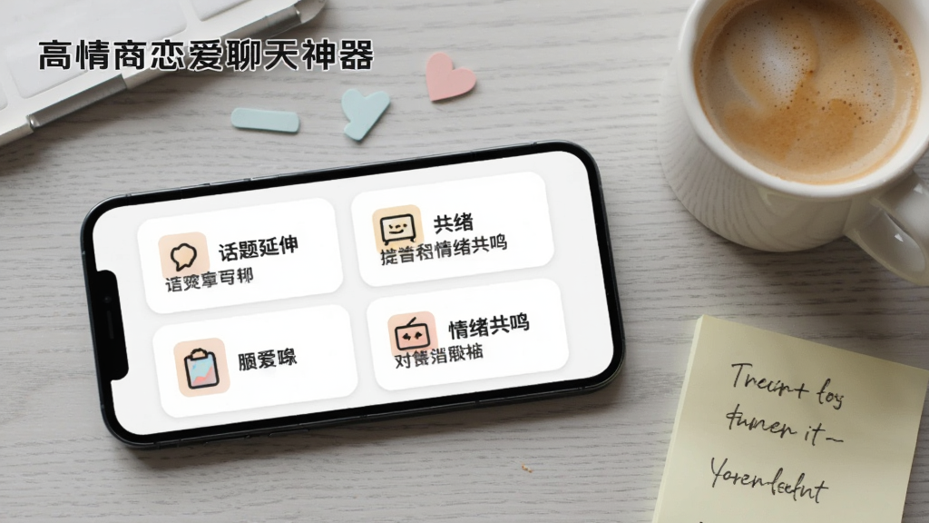画面为一部手机横屏展示聊天技巧分类卡片,卡片上以图标与短文字示意话题延伸、情绪共鸣等模块,手机旁放置一杯咖啡与便签纸,背景为浅灰木质桌面,风格温馨简约,布局自然,细节干净,画质清晰,画面中带“高情商恋爱聊天神器”字样