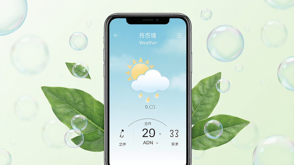 一张展示纯净无广告应用界面的图片,画面为手机屏幕显示简洁的天气页面,屏幕周围有代表清爽的绿叶与气泡元素点缀,布局上手机居中、元素轻盈环绕,风格为清新自然风,细节上界面干净无广告横幅、色彩柔和,画质高清,画面干净,无多余元素