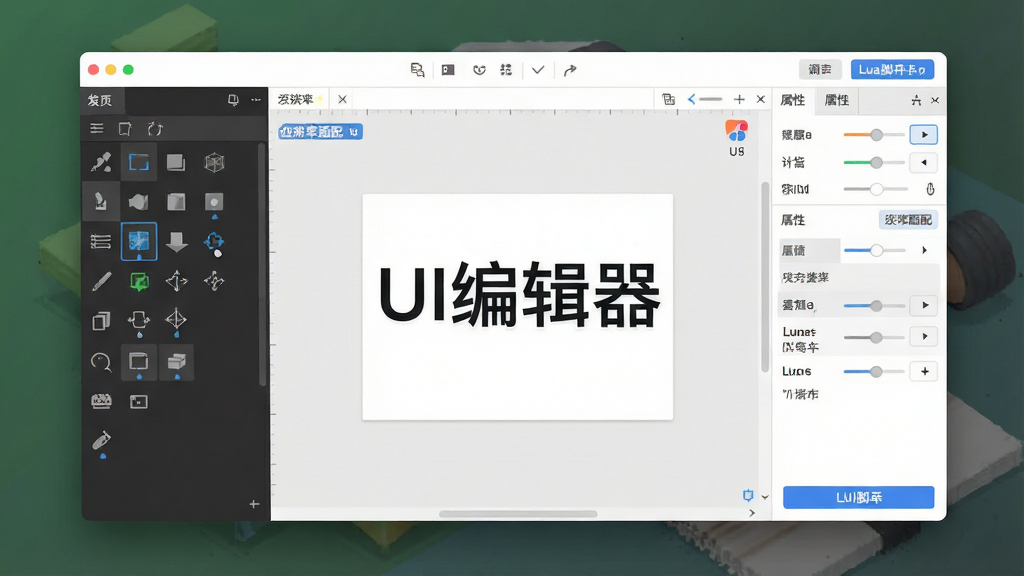 一张展示UI编辑器软件主界面的图片,主体为居中悬浮的软件操作窗口,布局分为左侧控件库面板、中间画布预览区、右侧属性调节栏三栏结构,排版简洁有序,风格为现代扁平化科技风,细节包含拖拽控件图标、分辨率适配标签、Lua脚本入口按钮,画质清晰干净,无多余元素,图片中央标注文字“UI编辑器”