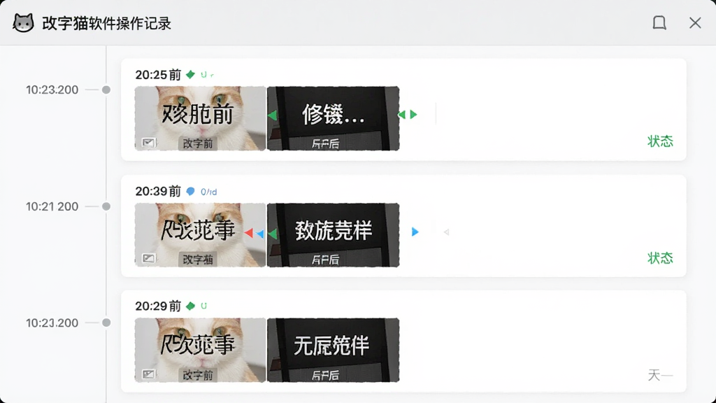 画面展示“改字猫”软件的操作记录页面,页面以时间轴形式排列多条编辑记录,每条记录包含修改前后的文字对比缩略图,布局为纵向列表排版,风格为简约商务风,细节包括清晰的时间戳和状态标识,画质高清,画面干净,无多余元素