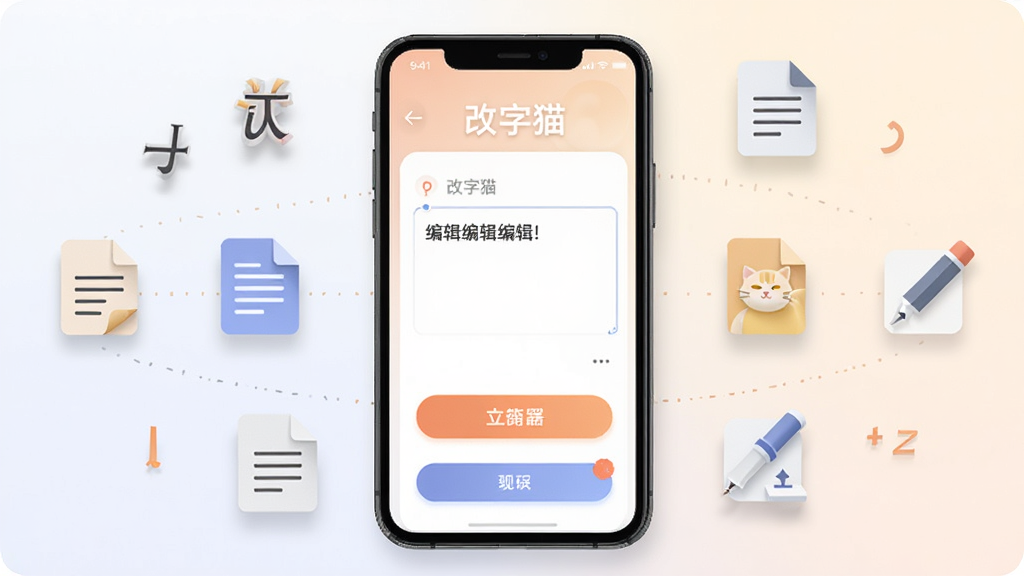 画面中央展示一部智能手机,手机屏幕上显示“改字猫”软件界面,界面包含文字编辑框和功能按钮,手机周围环绕着文字符号、文档图标和编辑工具图标,布局简洁清晰,风格为现代扁平化设计,细节包括柔和的渐变背景和清晰的图标阴影,画质高清,画面干净,无多余元素