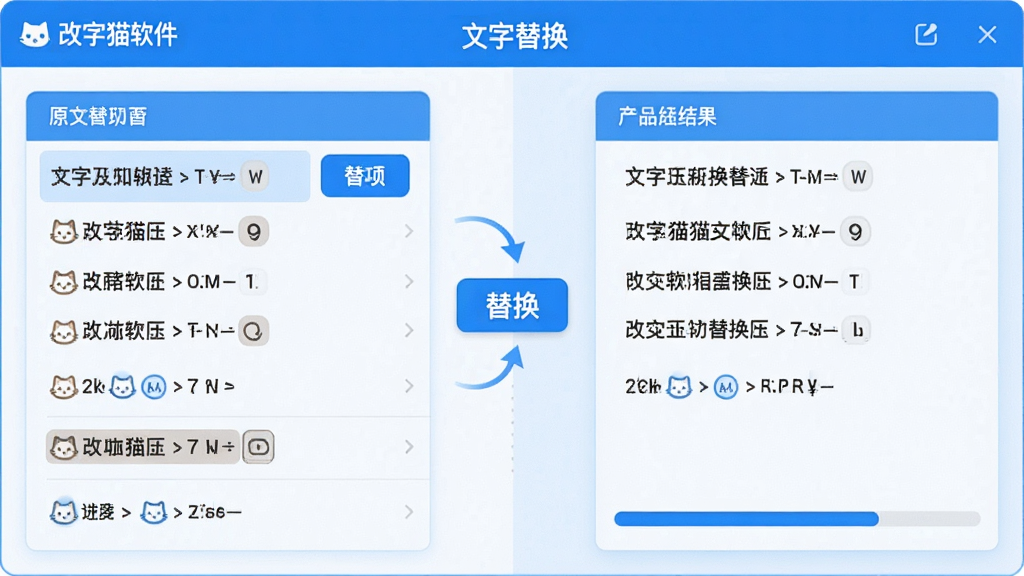 画面主体为“改字猫”软件的文字替换功能界面,界面左侧显示原文列表,右侧显示替换后的文字结果,中间有箭头连接表示替换过程,布局采用左右分栏排版,风格为清爽的科技蓝配色,细节包括高亮的替换按钮和进度指示条,画质清晰锐利,画面干净整洁,无多余装饰元素
