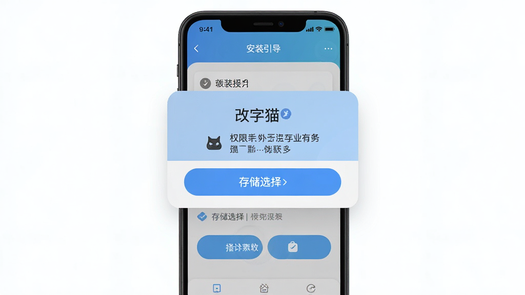 画面展示“改字猫”软件在手机上的安装引导界面,界面包含权限授予弹窗和存储选择选项,布局为居中弹窗式排版,风格为简洁明快的浅色系设计,细节包括清晰的按钮文字和图标提示,画质高清,画面干净,无多余元素