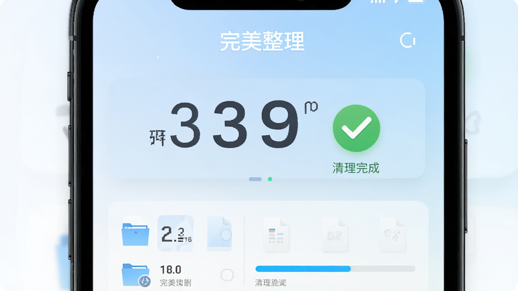 完美整理一键清理结果页面,手机屏幕显示释放空间的大号数字与清理完成的对勾图标,