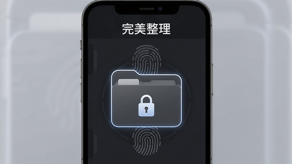 完美整理隐私空间界面,手机屏幕中央是一个带锁形图标的文件夹,周围有指纹识别图案,