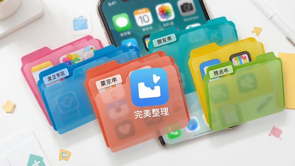 完美整理桌面收纳功能展示,手机桌面上的应用图标被整齐归入几个彩色文件夹,