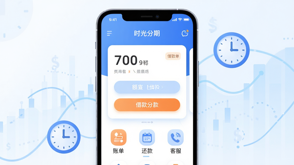 画面主体是一部竖屏智能手机,屏幕中央展示“时光分期”应用主界面,上方为额度卡片与借款按钮,下方排列账单、还款、客服等图标;布局采用居中对称构图,手机两侧点缀浅蓝色金融数据线条与时钟元素,象征时间与分期;风格为清爽扁平化UI插画,配色以蓝白为主、辅以少量橙色强调;细节包括圆角卡片、柔和阴影、简洁图标与清晰文字层级,屏幕内文字“时光分期”需清晰可辨;画质高清,画面干净,无多余元素。