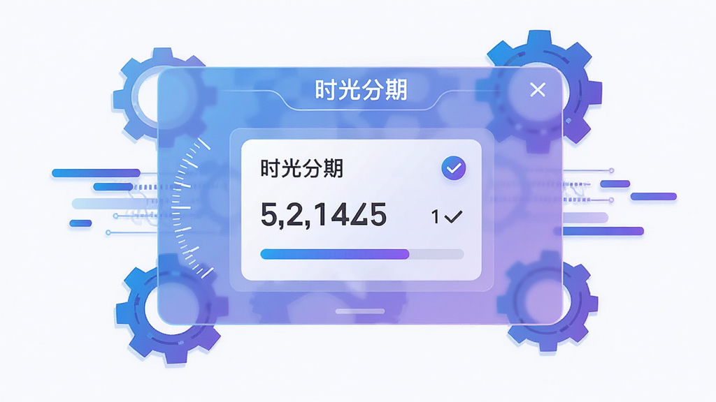 画面主体为一块悬浮的半透明数据面板,面板中央显示“时光分期”额度评估结果卡片,卡片上有额度数字与进度条;布局为面板居中、四周环绕齿轮与数据流线条;风格为科技感扁平插画,蓝紫渐变配色;细节包括刻度环、勾选图标、简洁数字排版,文字“时光分期”置于面板顶部;画质清晰,画面干净,无多余元素。